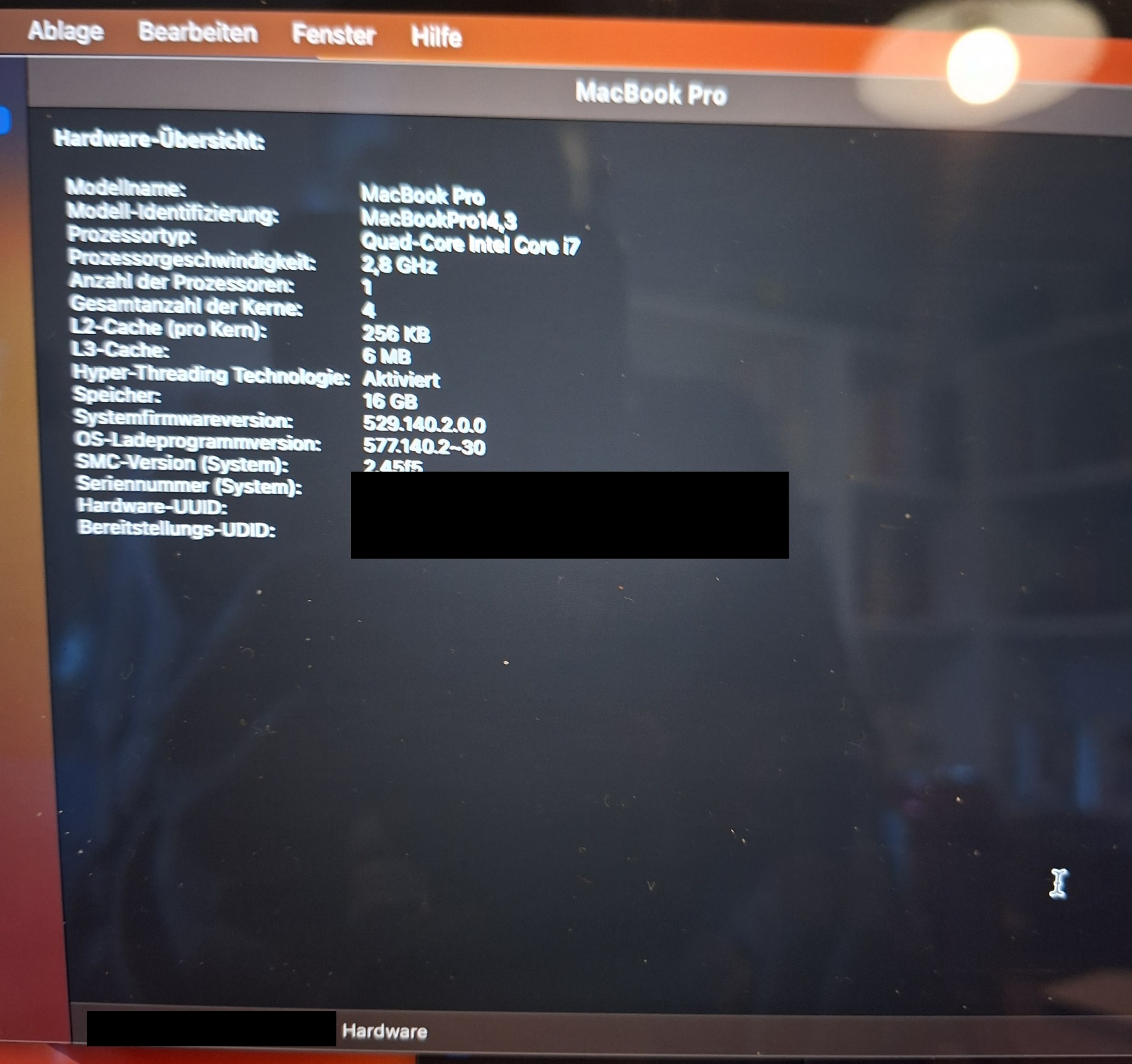 Rapport système macOS : identifiant MacBookPro14,3, Core i7 quad-core 2,8 GHz, 16 Go de mémoire