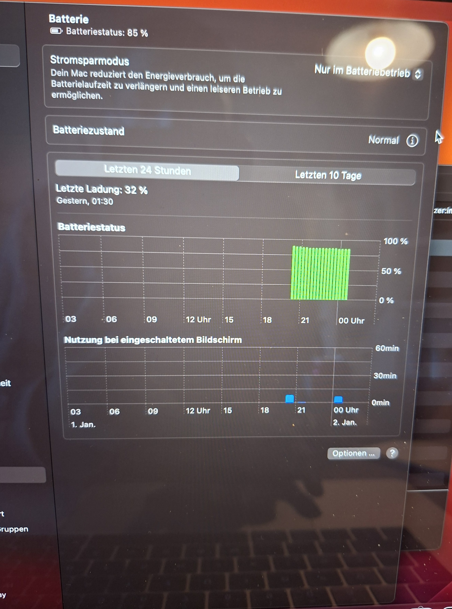 Réglages batterie de macOS : état de la batterie Normal